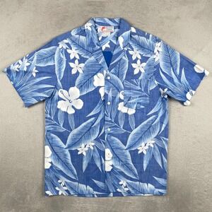 Vintage Malihini Hawaii Hawaiian Shirt Men Medium Blue Hibiscus Floral Tropical